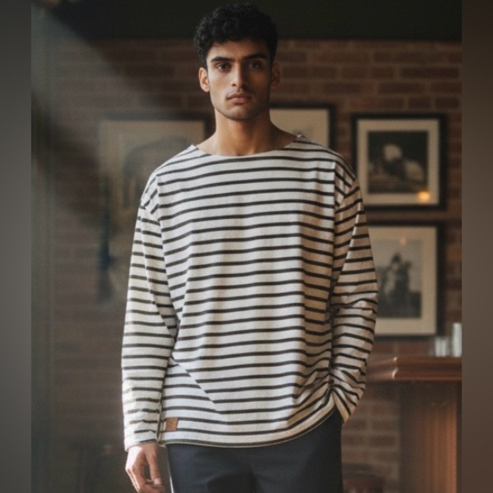 Ardbeg Scotch Whiskey Nautical Olive & Cream Stripe Breton Long Sleeve Tee XL